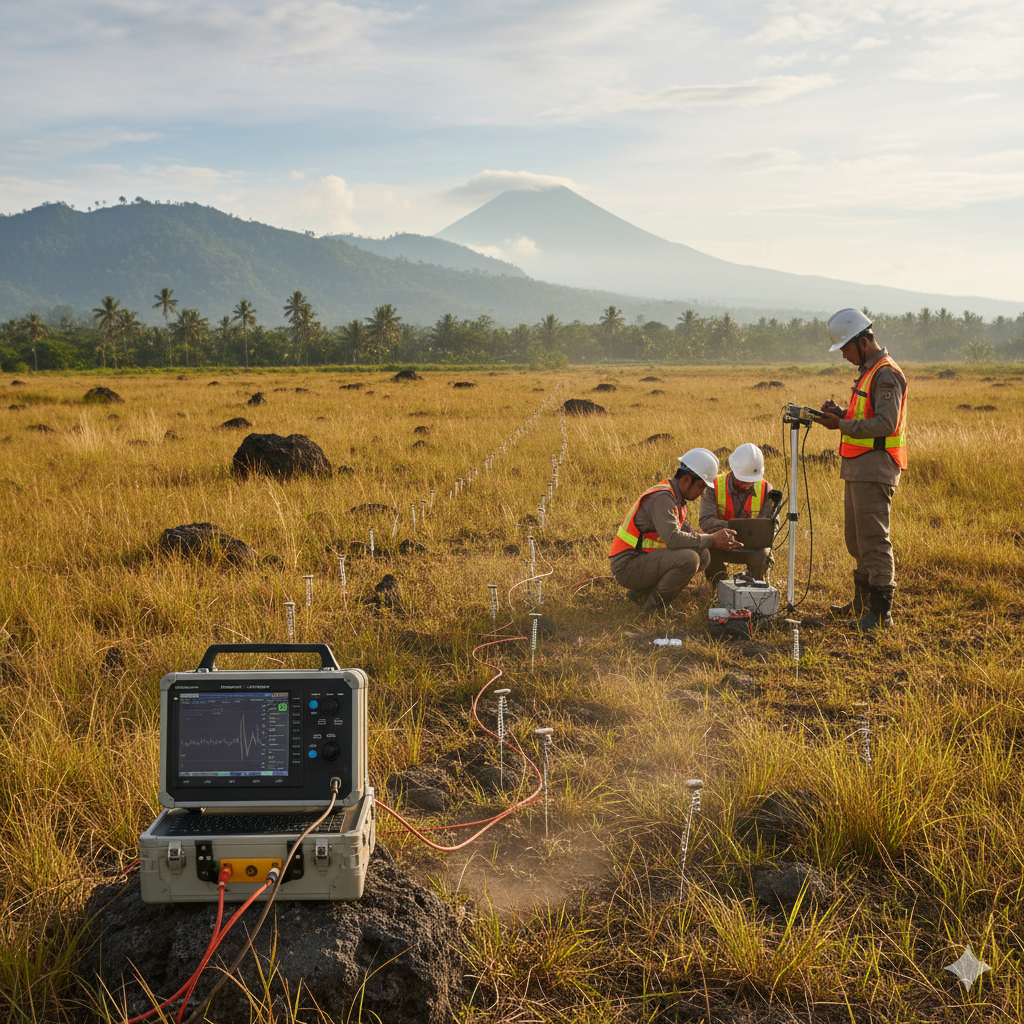 Tim survei geofisika melakukan pengukuran MASW untuk identifikasi struktur geologi bawah permukaan