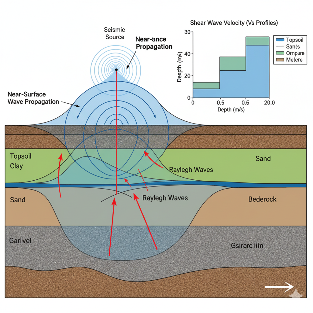 Diagram propagasi gelombang Rayleigh melalui berbagai lapisan tanah bawah permukaan